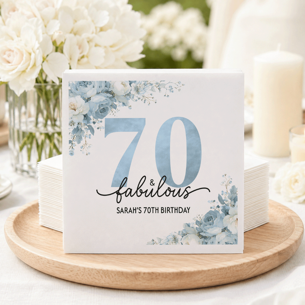 Personalized 70th Birthday Napkins with Blue Flower Corners - Pretty Gifted