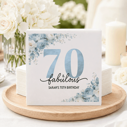 Personalized 70th Birthday Napkins with Blue Flower Corners - Pretty Gifted