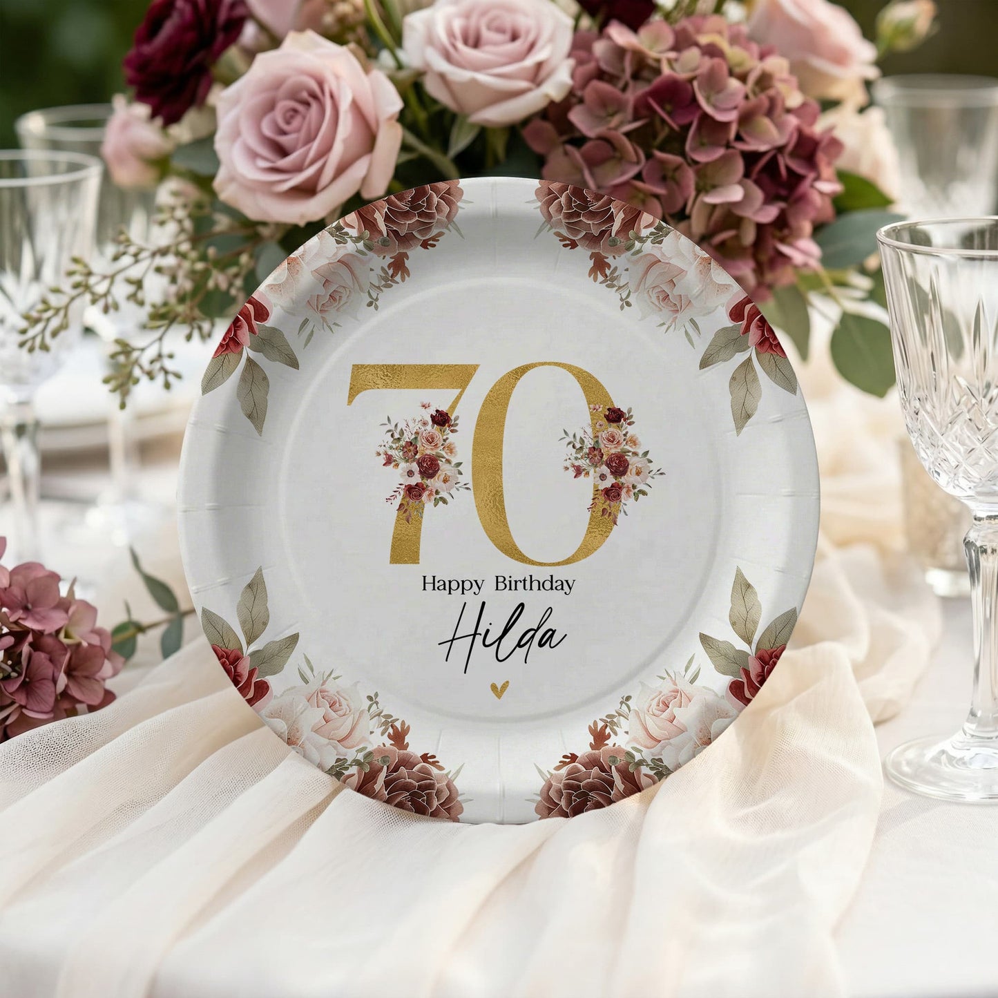 Personalized 70th Birthday Plates, Dusty Rose Gold Floral Party - Pretty Gifted