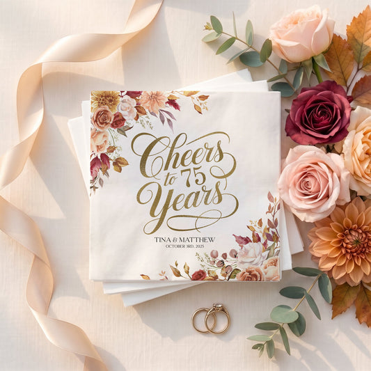 Personalized 75th Anniversary Napkins, Cheers to 75 Years - Pretty Gifted