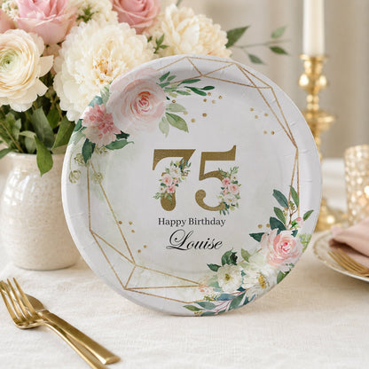 Personalized 75th Birthday Plates – Floral Gold Geometric Design - Pretty Gifted