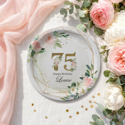 Personalized 75th Birthday Plates – Floral Gold Geometric Design - Pretty Gifted