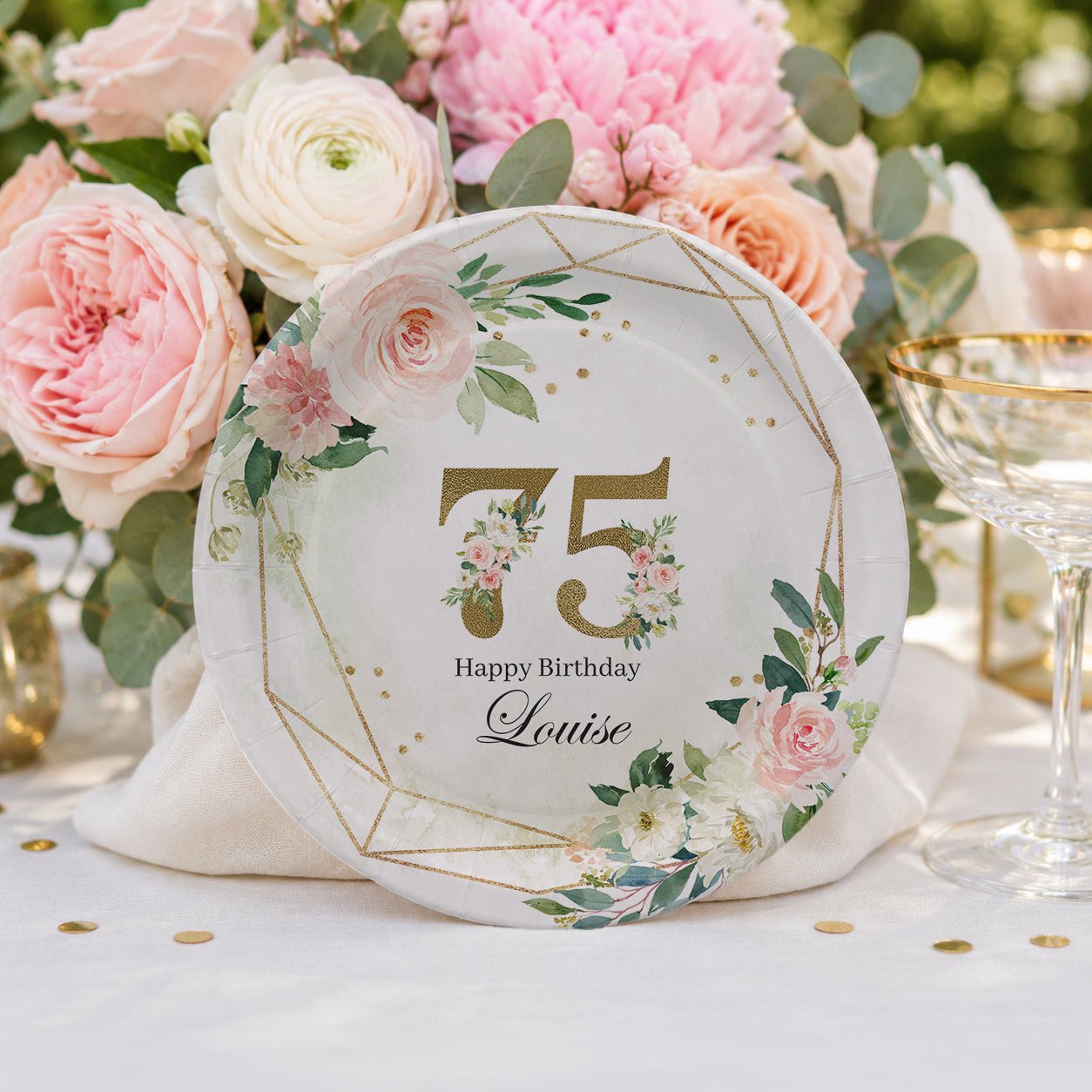 Personalized 75th Birthday Plates – Floral Gold Geometric Design - Pretty Gifted