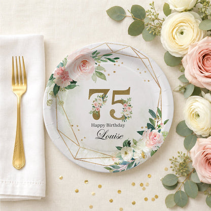 Personalized 75th Birthday Plates – Floral Gold Geometric Design - Pretty Gifted