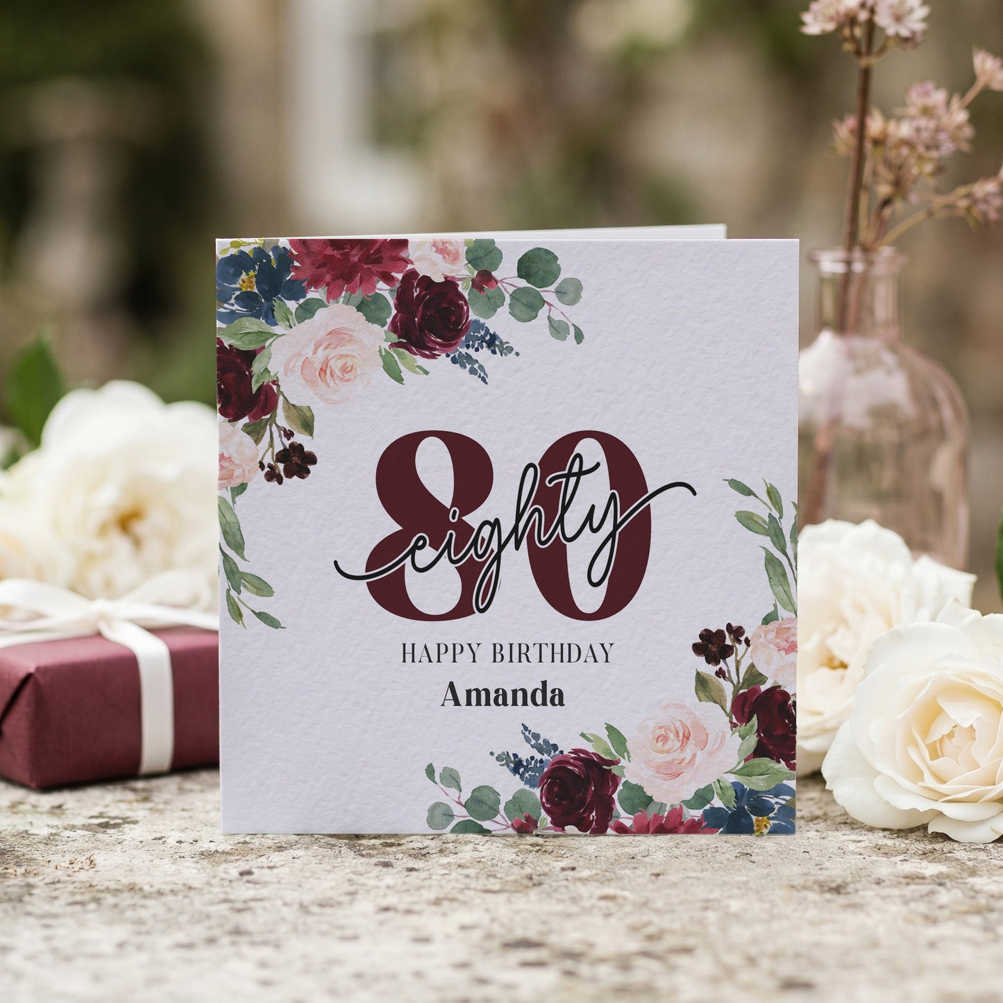 Personalized 80th Birthday Card with Burgundy Rose Script Numeral Design - Pretty Gifted