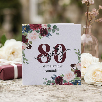 Personalized 80th Birthday Card with Burgundy Rose Script Numeral Design - Pretty Gifted