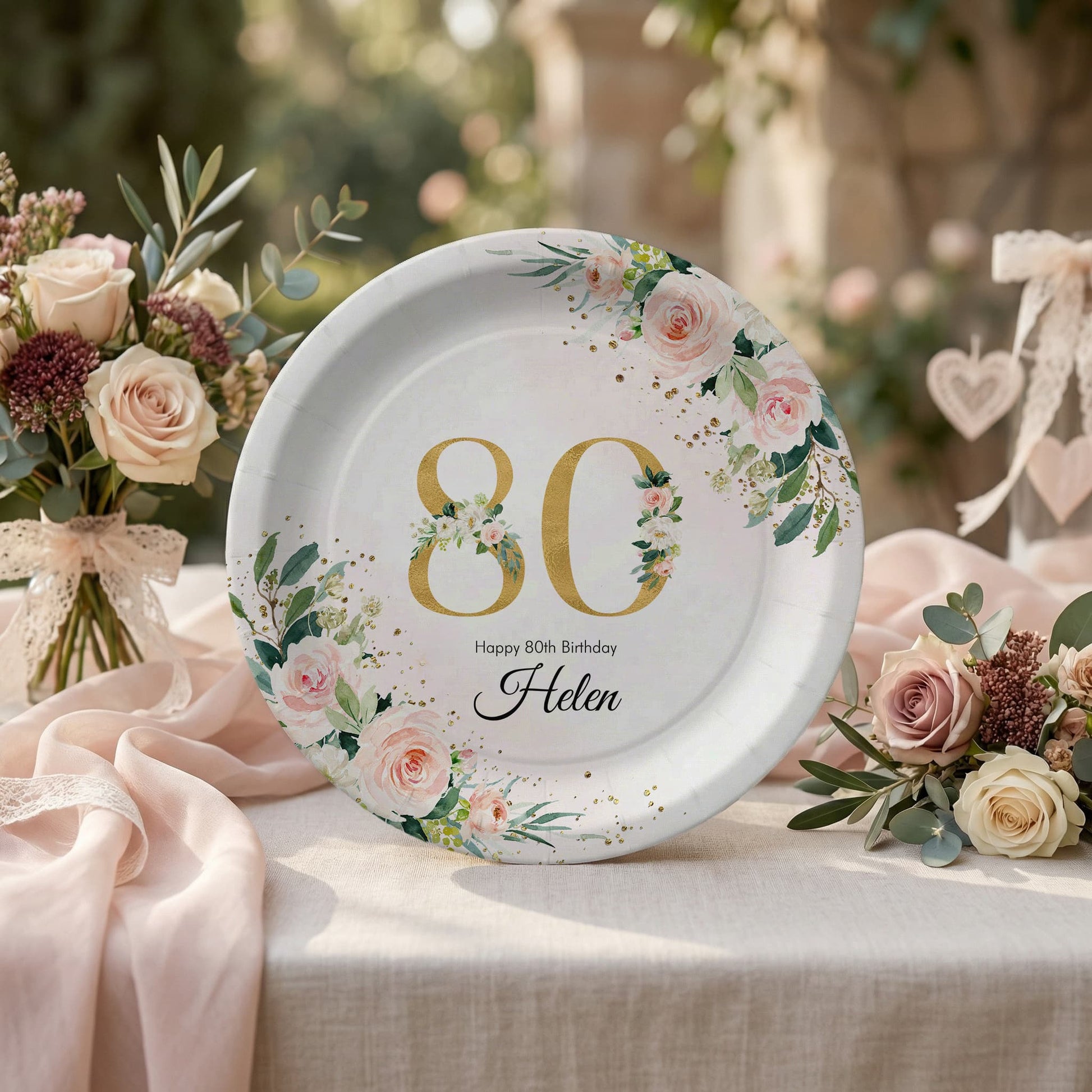 Personalized 80th Birthday Plates, Blush Floral Gold Party - Pretty Gifted