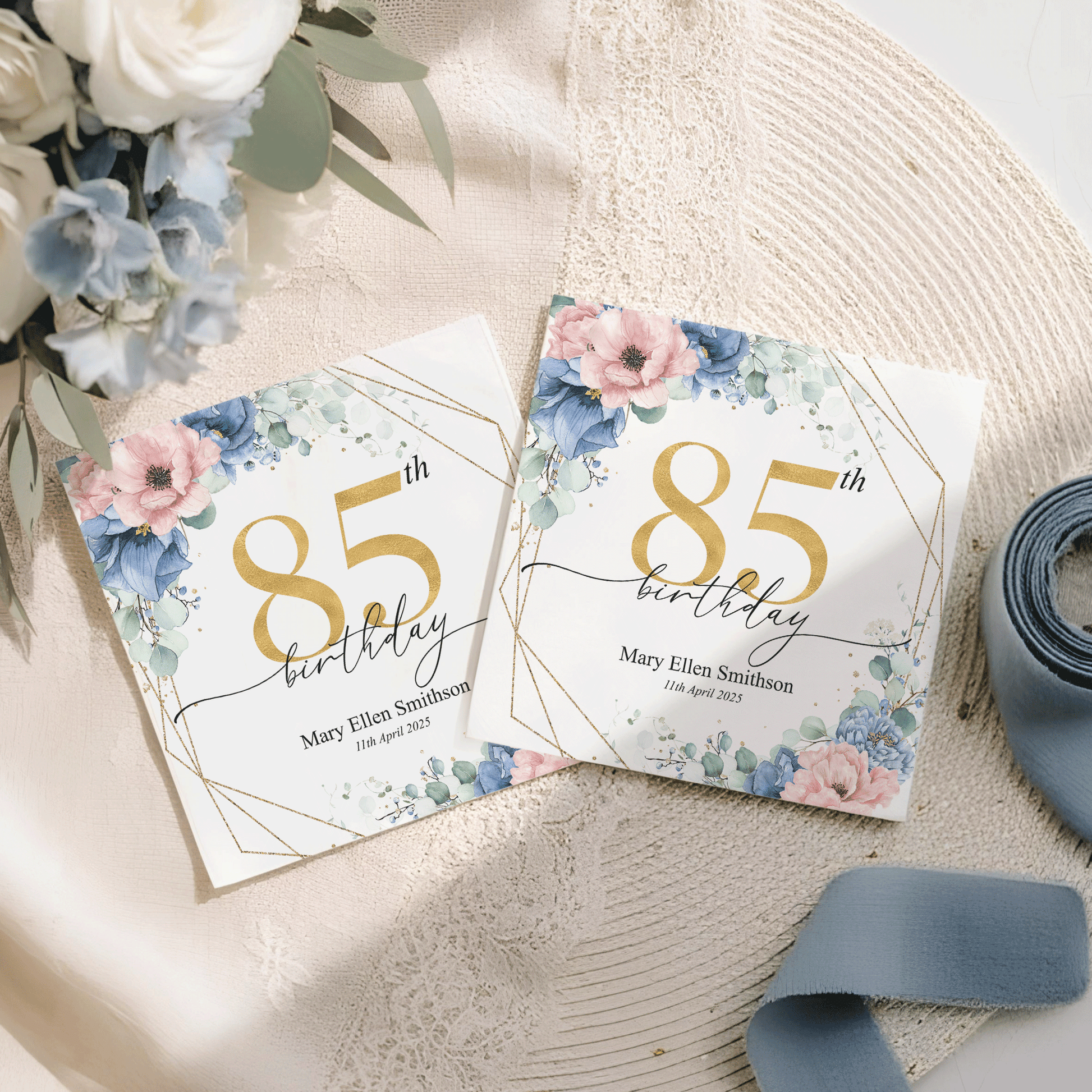 Personalized 85th Birthday Napkins with Blue Floral Gold Frame - Pretty Gifted