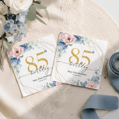Personalized 85th Birthday Napkins with Blue Floral Gold Frame - Pretty Gifted