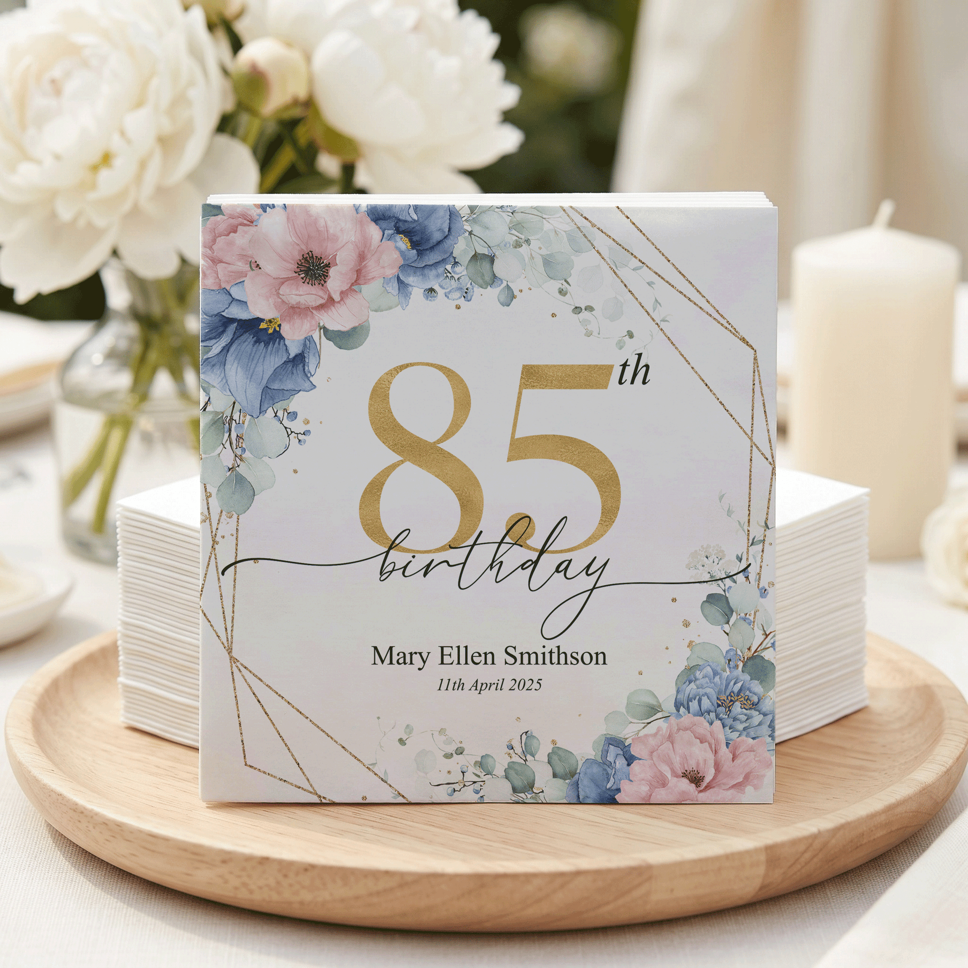 Personalized 85th Birthday Napkins with Blue Floral Gold Frame - Pretty Gifted