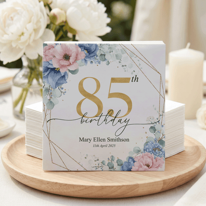 Personalized 85th Birthday Napkins with Blue Floral Gold Frame - Pretty Gifted