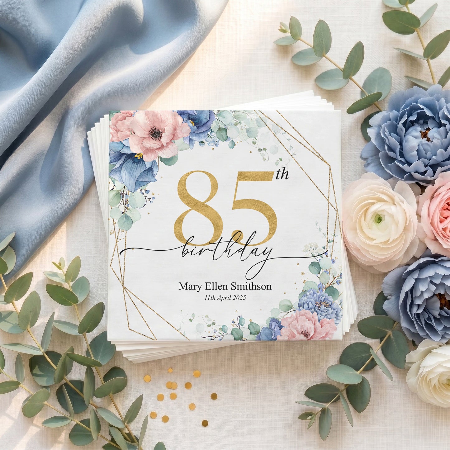 Personalized 85th Birthday Napkins with Blue Floral Gold Frame - Pretty Gifted