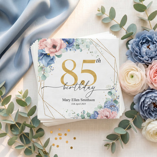 Personalized 85th Birthday Napkins with Blue Floral Gold Frame - Pretty Gifted