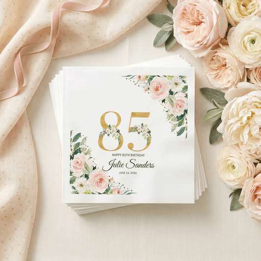 Personalized 85th Birthday Napkins with Blush Florals - Pretty Gifted