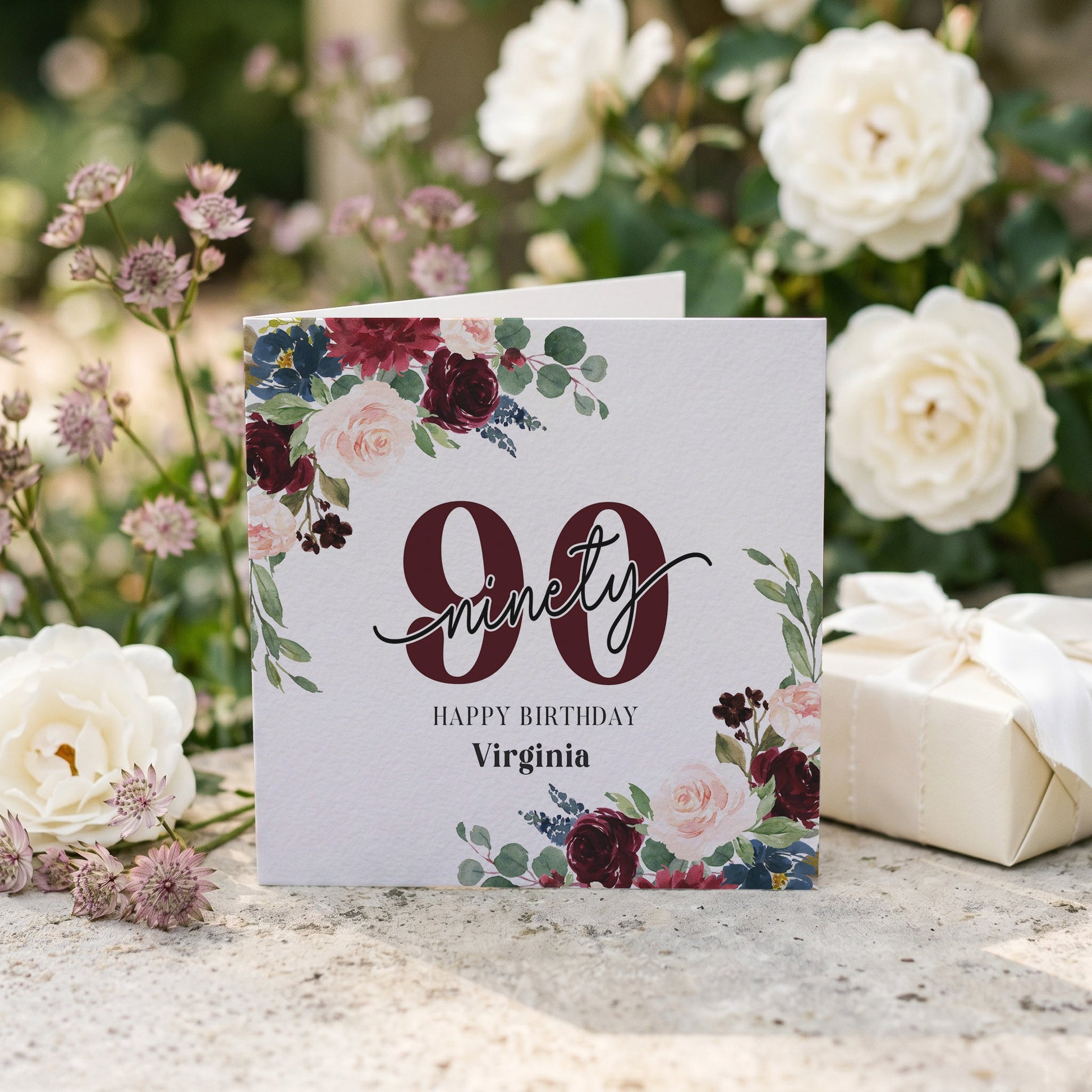 Personalized 90th Birthday Card with Ninety Script and Burgundy Florals - Pretty Gifted