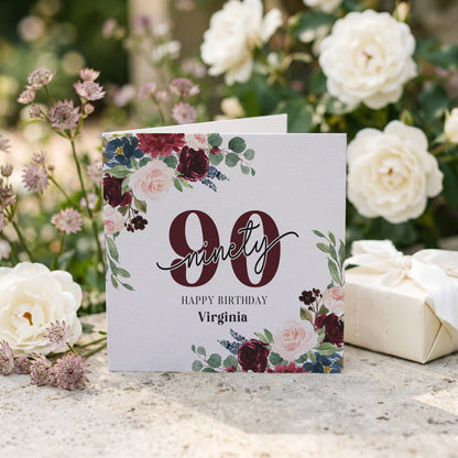 Personalized 90th Birthday Card with Ninety Script and Burgundy Florals - Pretty Gifted