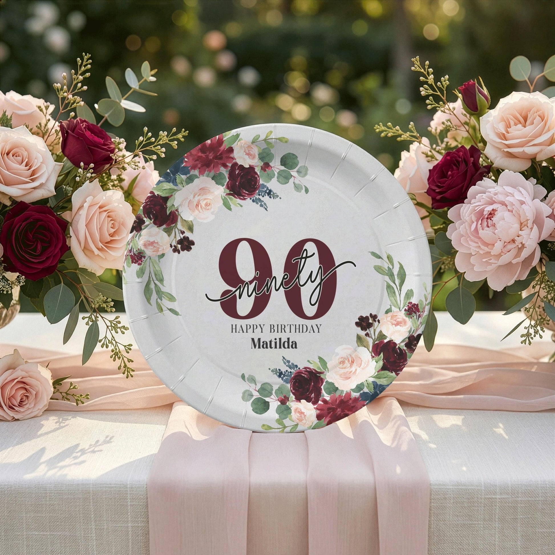 Personalized 90th Birthday Plates, Burgundy Blush Floral Party - Pretty Gifted