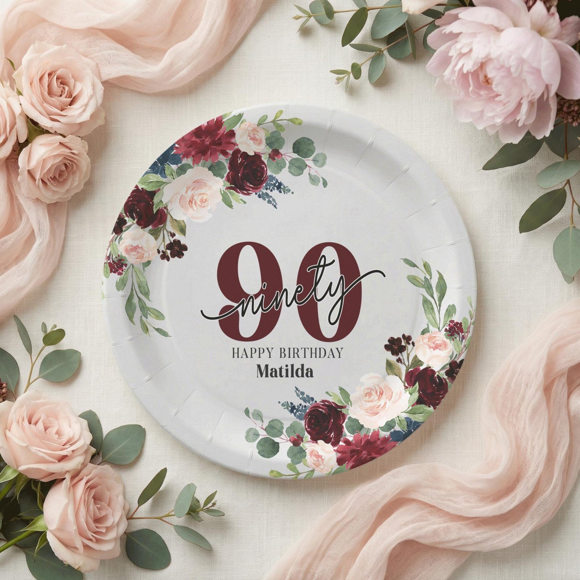 Personalized 90th Birthday Plates, Burgundy Blush Floral Party - Pretty Gifted