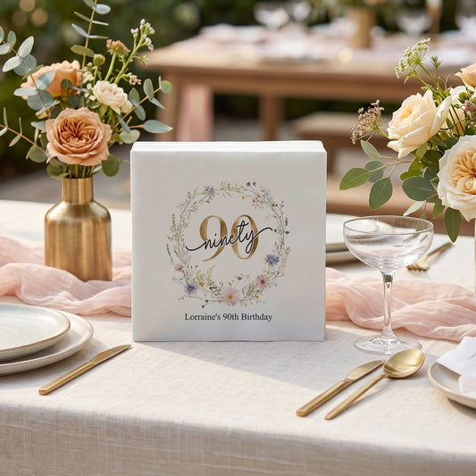 Personalized 90th Birthday Wildflower Napkins for Her Celebration - Pretty Gifted