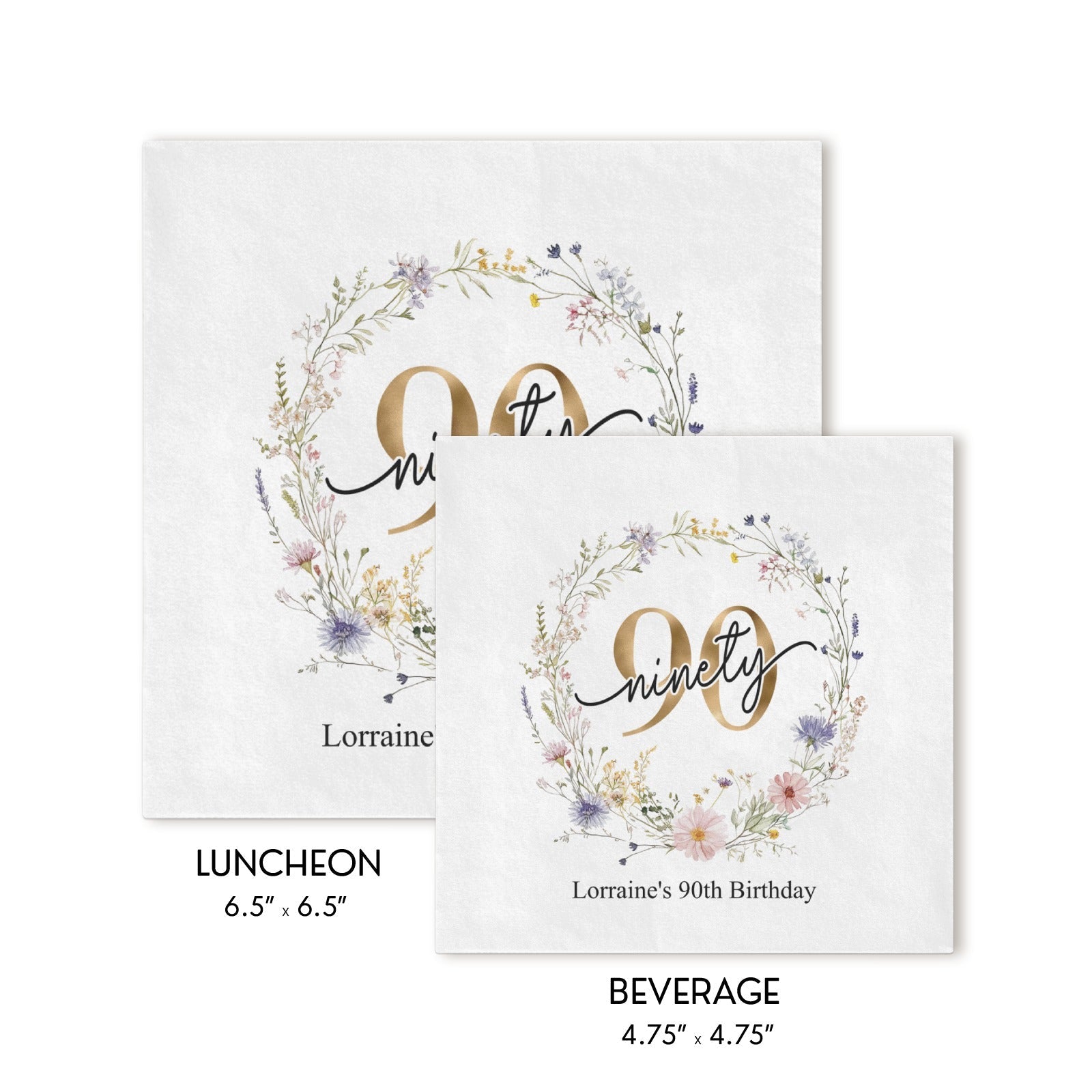Personalized 90th Birthday Wildflower Napkins for Her Celebration - Pretty Gifted