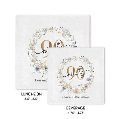 Personalized 90th Birthday Wildflower Napkins for Her Celebration - Pretty Gifted
