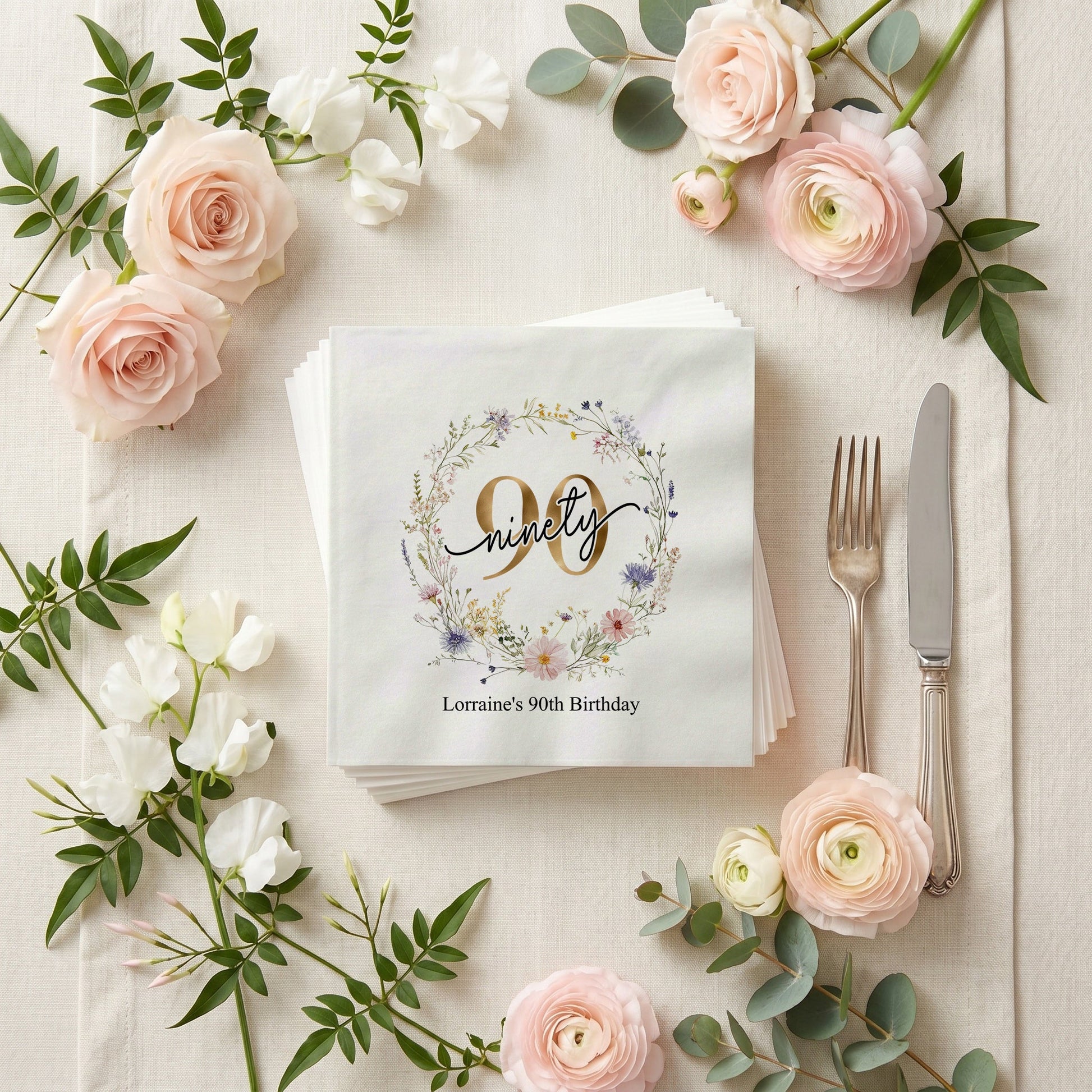 Personalized 90th Birthday Wildflower Napkins for Her Celebration - Pretty Gifted