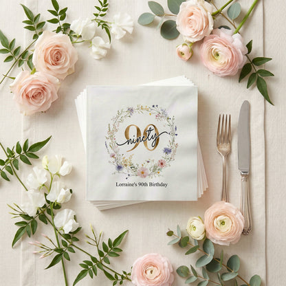 Personalized 90th Birthday Wildflower Napkins for Her Celebration - Pretty Gifted