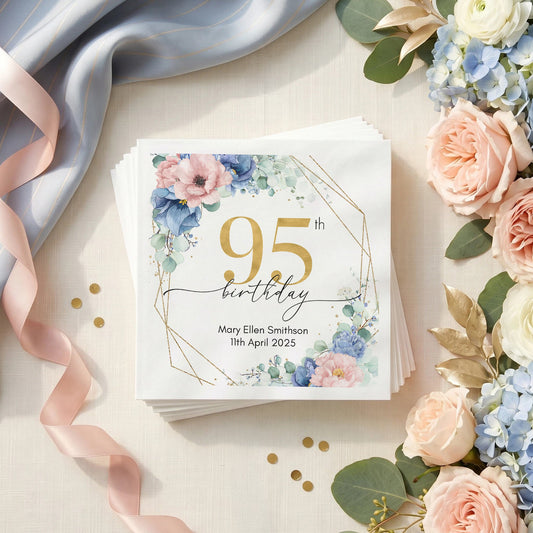 Personalized 95th Birthday Napkins with Blue Blush Florals, Custom Name and Date, Pack of 50 - Pretty Gifted