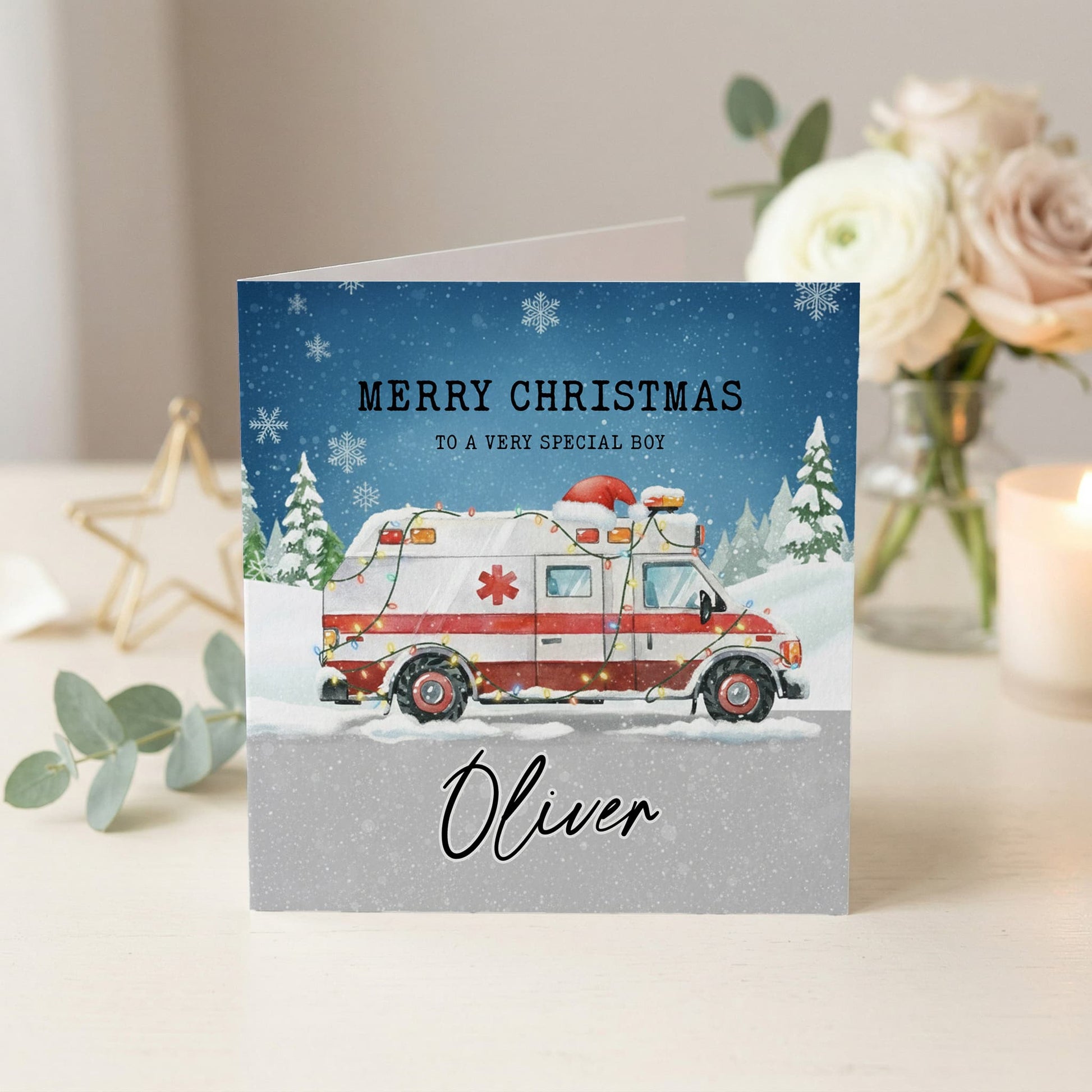 Personalized Ambulance Christmas Card, Boys Kids Gift - Pretty Gifted