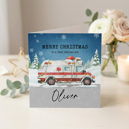 Personalized Ambulance Christmas Card, Boys Kids Gift - Pretty Gifted