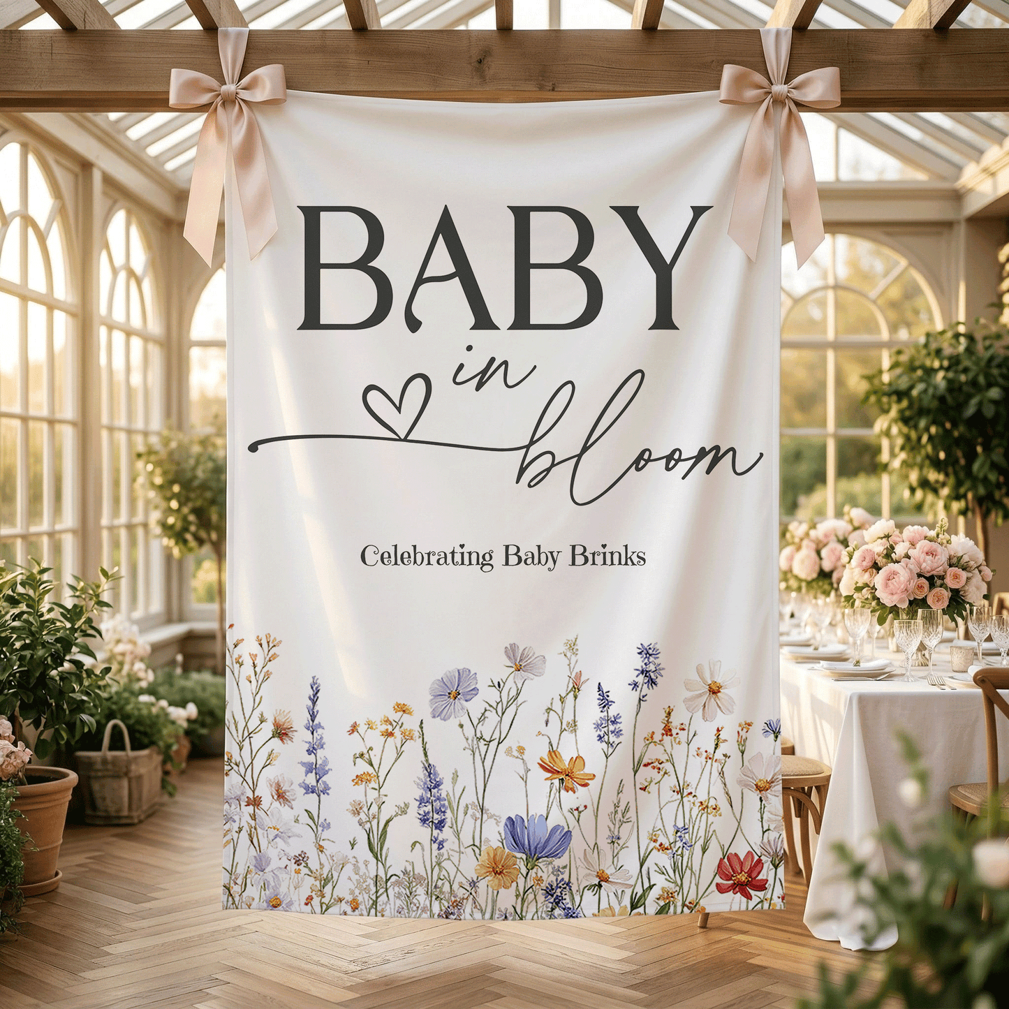 Personalized Baby in Bloom Backdrop, Wildflower Baby Shower Banner - Pretty Gifted