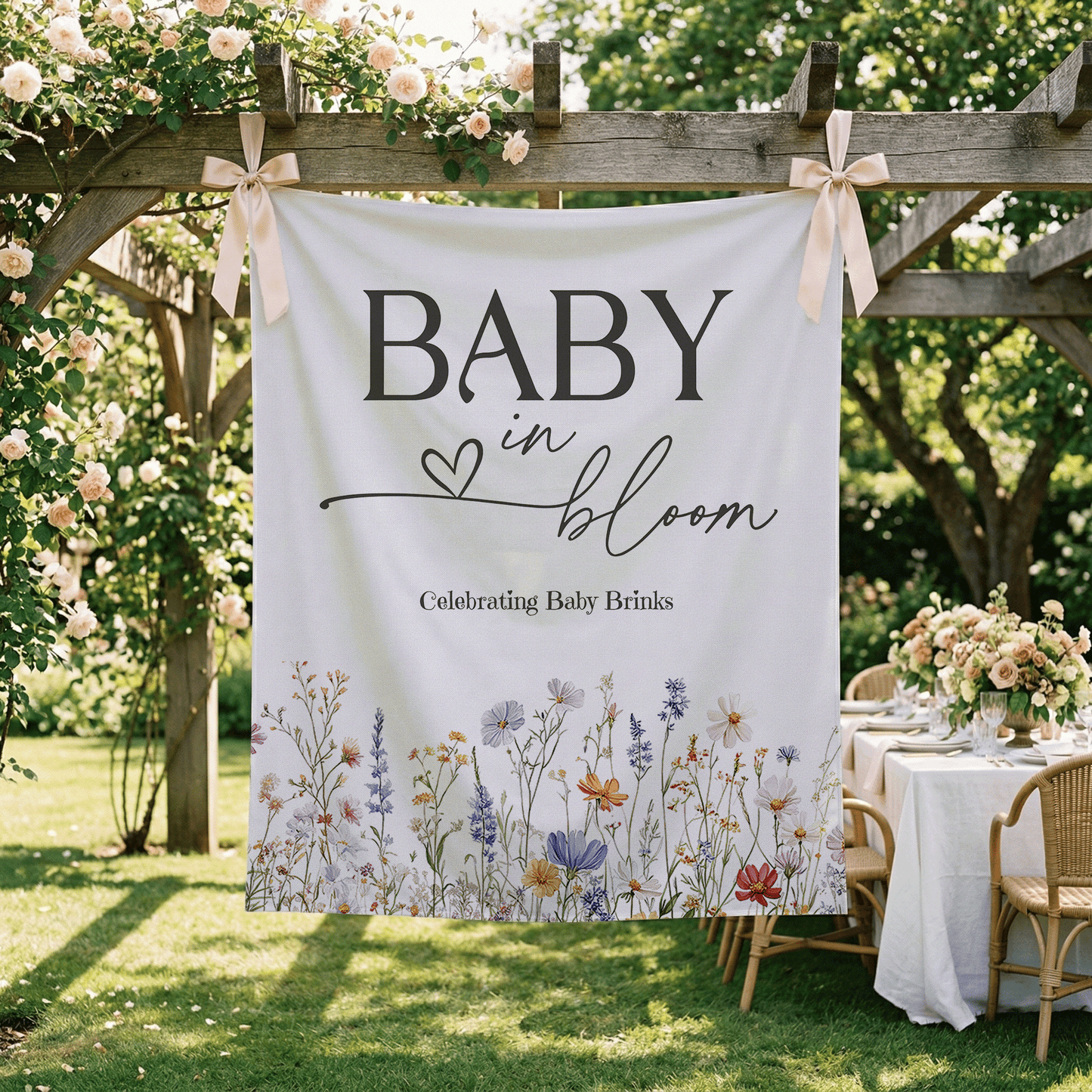 Personalized Baby in Bloom Backdrop, Wildflower Baby Shower Banner - Pretty Gifted