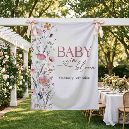 Personalized Baby in Bloom Girl Backdrop, Pink Wildflower Baby Shower - Pretty Gifted