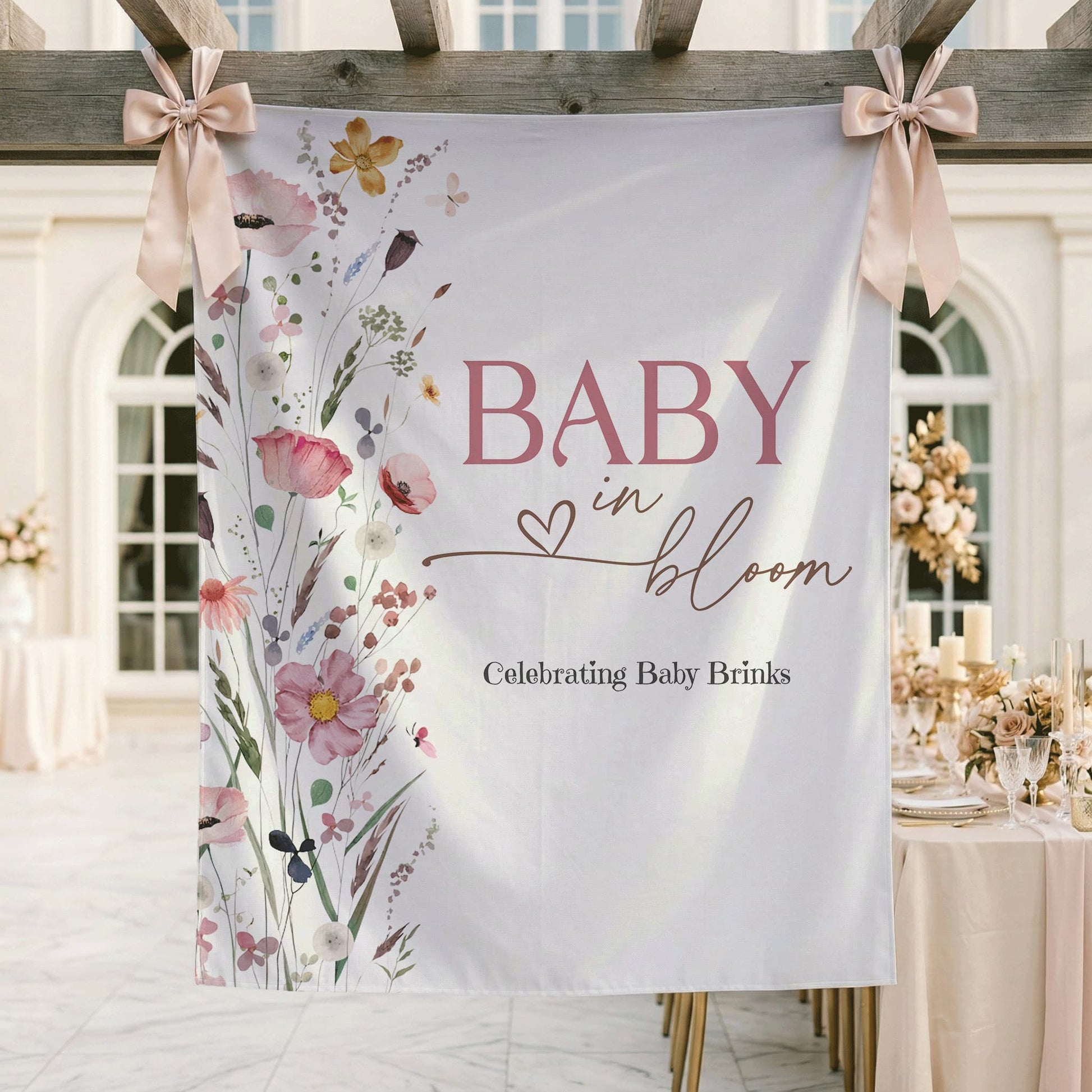 Personalized Baby in Bloom Girl Backdrop, Pink Wildflower Baby Shower - Pretty Gifted