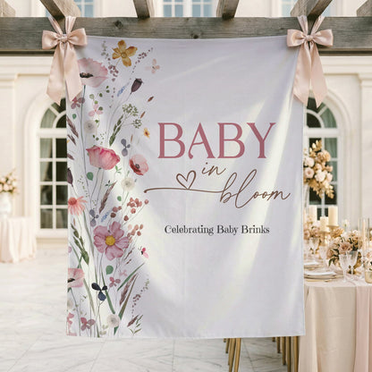Personalized Baby in Bloom Girl Backdrop, Pink Wildflower Baby Shower - Pretty Gifted