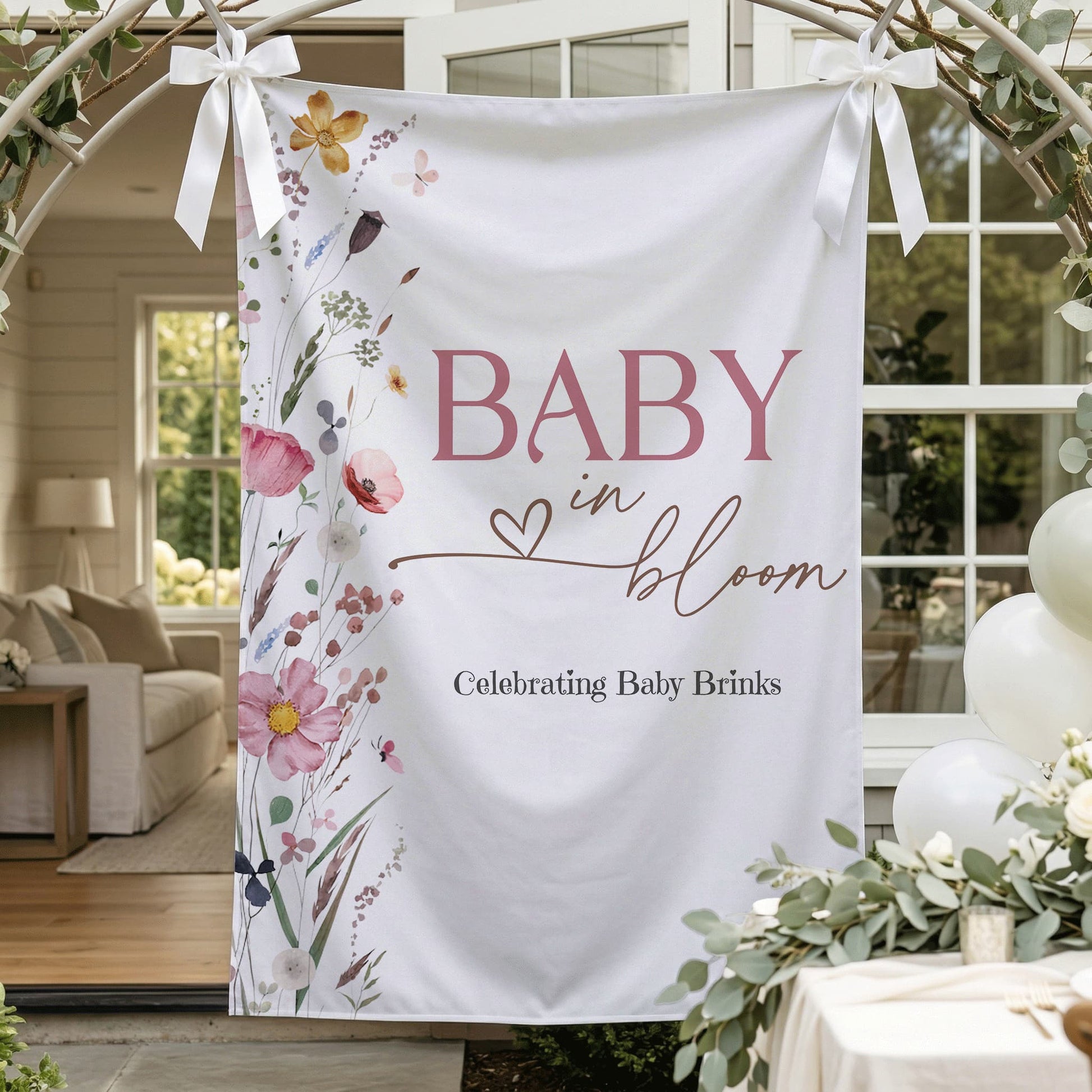 Personalized Baby in Bloom Girl Backdrop, Pink Wildflower Baby Shower - Pretty Gifted