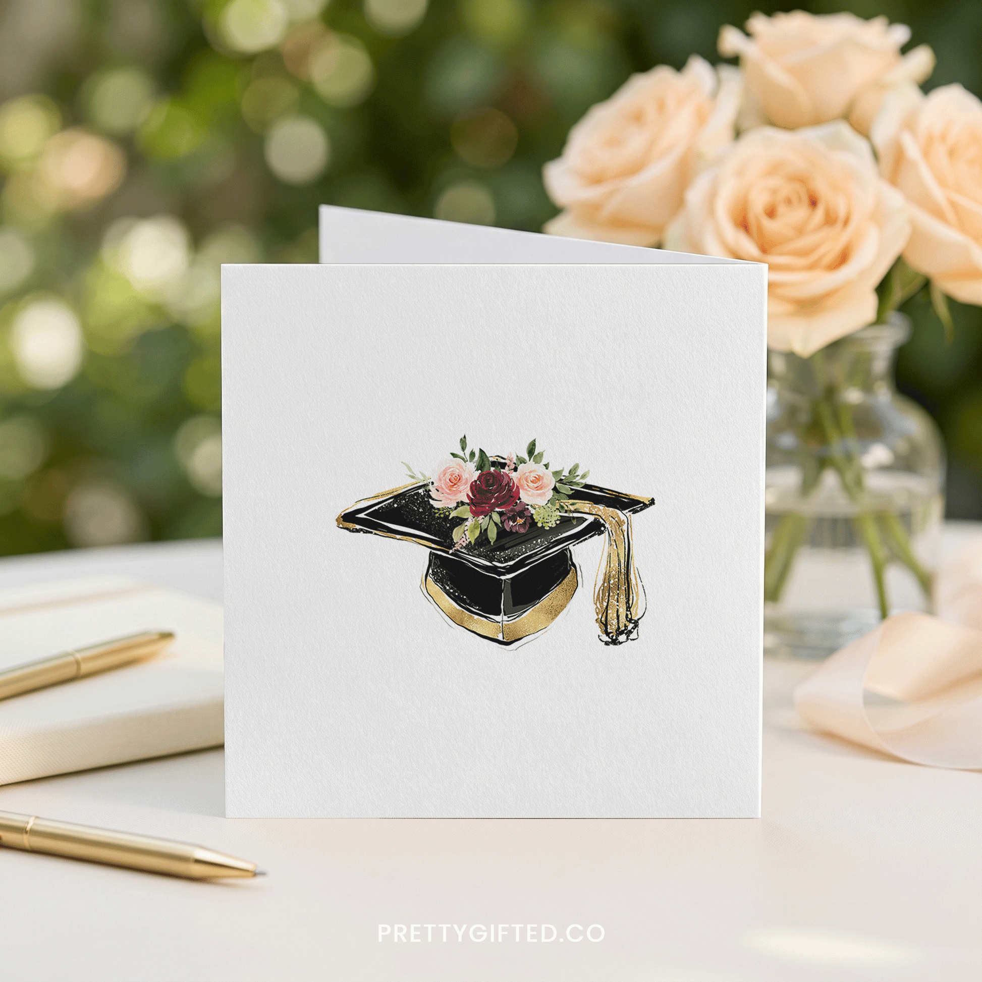 Personalized Black and Gold Floral Mortarboard Graduation Card - Pretty Gifted