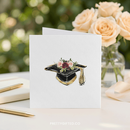 Personalized Black and Gold Floral Mortarboard Graduation Card - Pretty Gifted