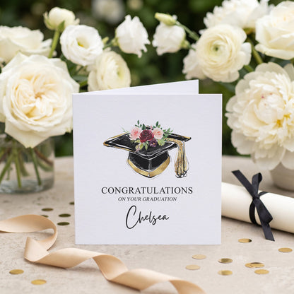 Personalized Black and Gold Floral Mortarboard Graduation Card - Pretty Gifted