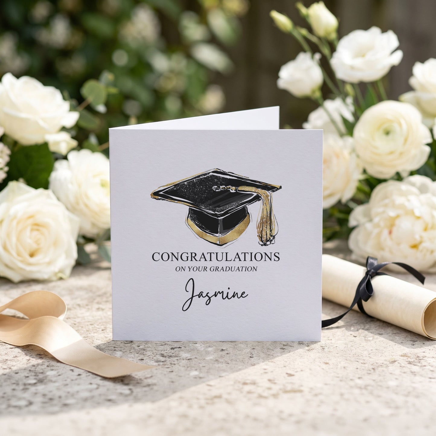 Personalized Black and Gold Mortarboard Graduation Card - Pretty Gifted