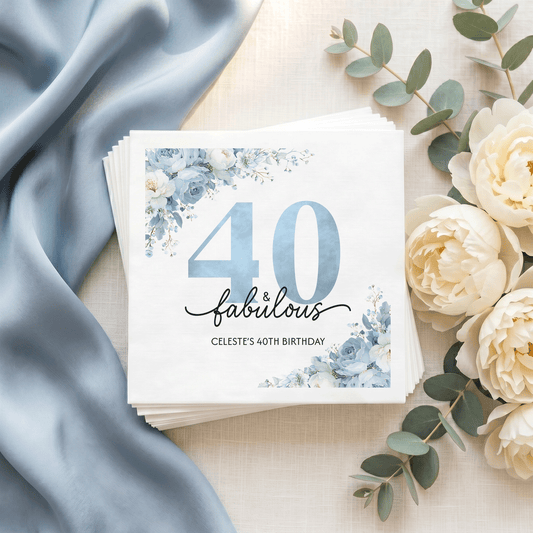 Personalized Blue Floral 40th Birthday Party Napkins - Pretty Gifted