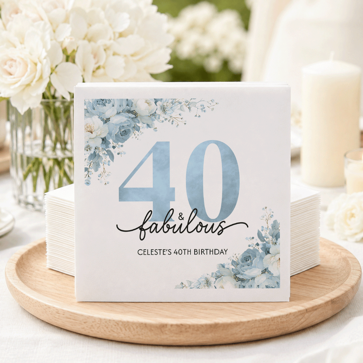 Personalized Blue Floral 40th Birthday Party Napkins - Pretty Gifted