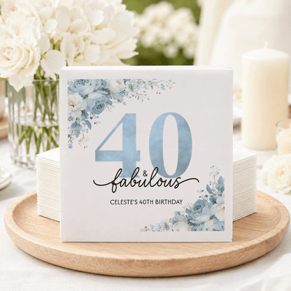 Personalized Blue Floral 40th Birthday Party Napkins - Pretty Gifted