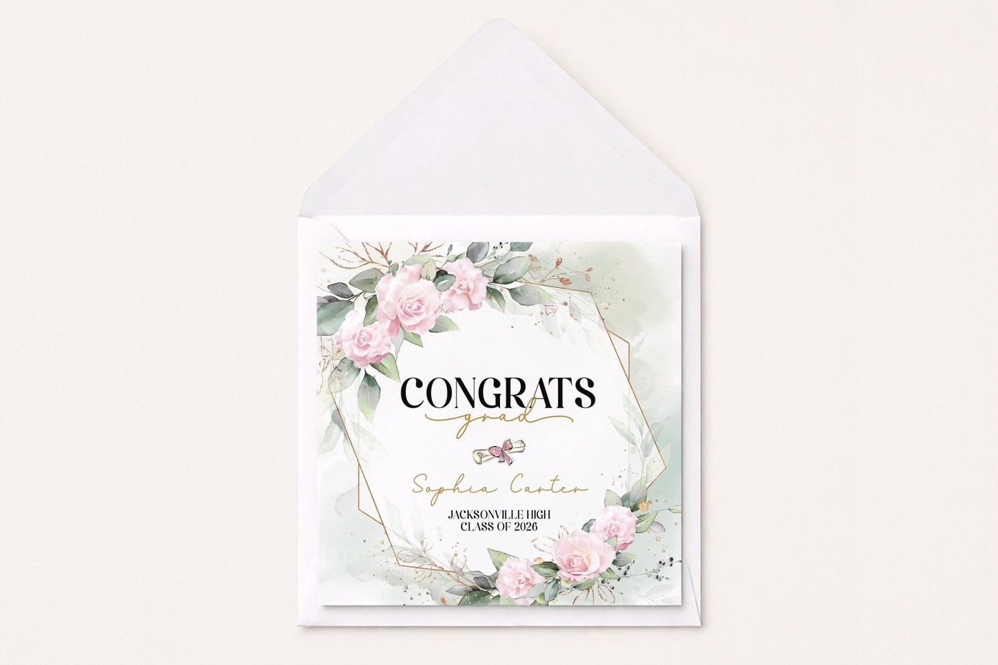 Personalized Blush Graduation Card, Gold Geometric Frame - Pretty Gifted