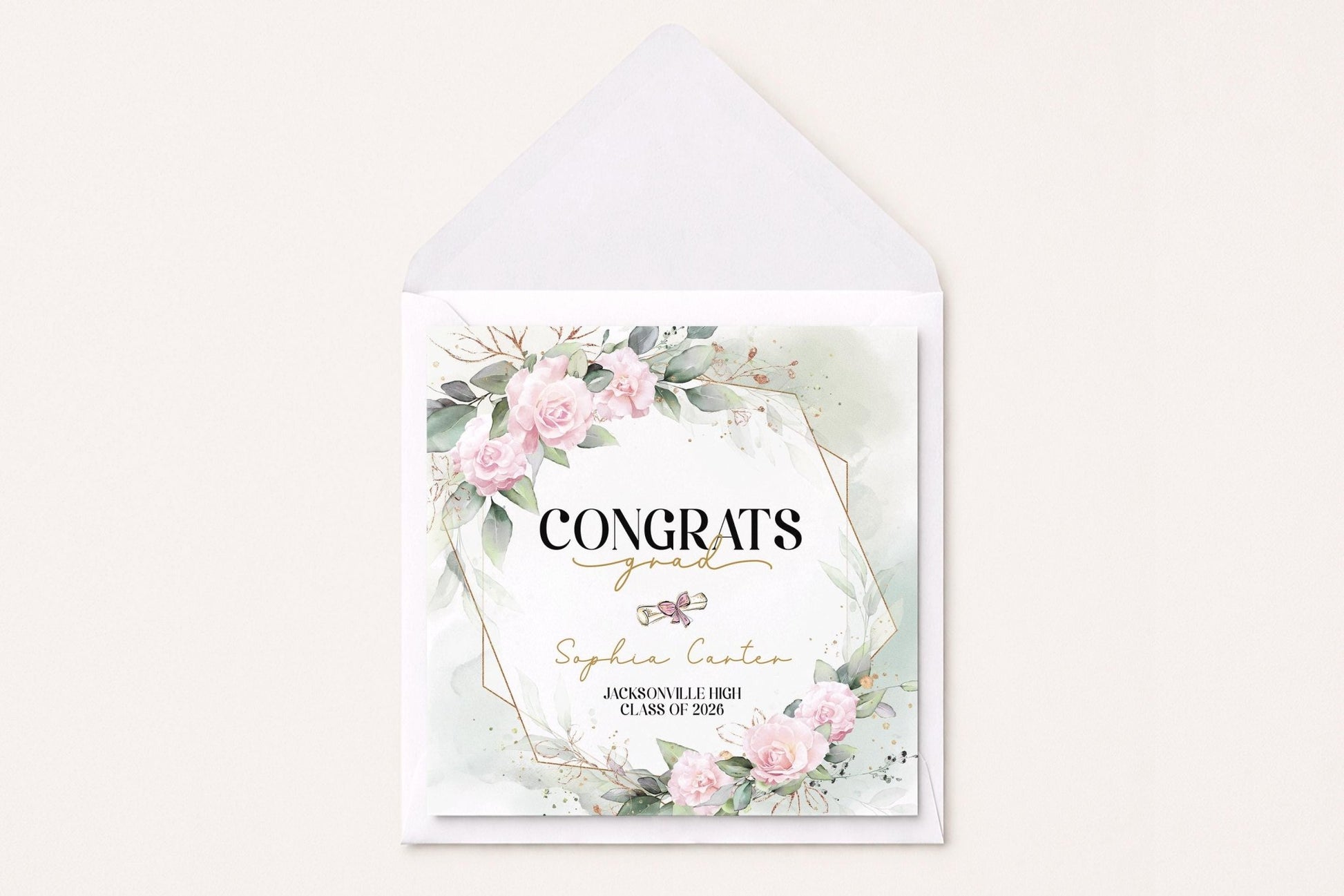 Personalized Blush Graduation Card, Gold Geometric Frame - Pretty Gifted