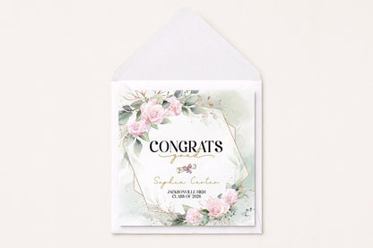 Personalized Blush Graduation Card, Gold Geometric Frame - Pretty Gifted