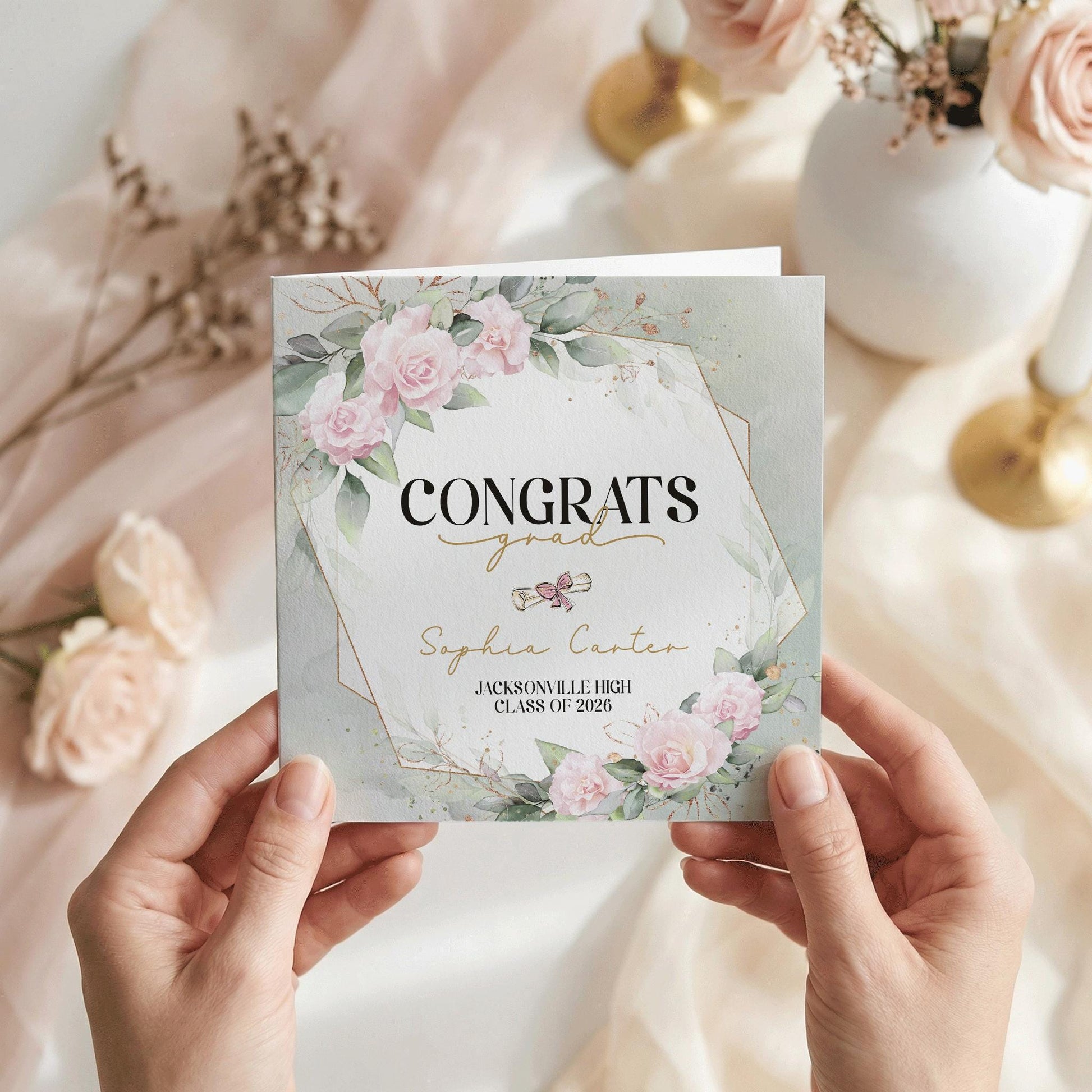 Personalized Blush Graduation Card, Gold Geometric Frame - Pretty Gifted