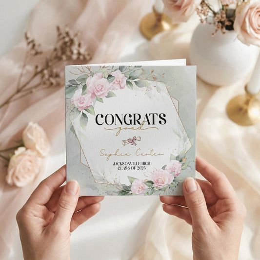 Personalized Blush Graduation Card, Gold Geometric Frame - Pretty Gifted