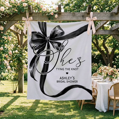 Personalized Bridal Shower Backdrop, She's Tying the Knot Black Bow - Pretty Gifted