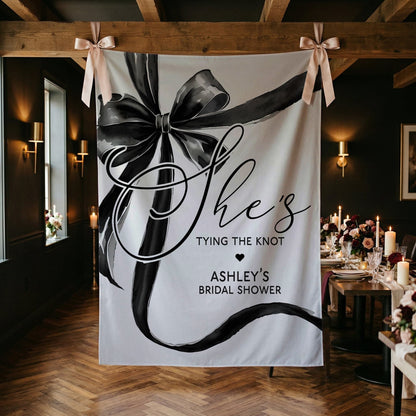 Personalized Bridal Shower Backdrop, She's Tying the Knot Black Bow - Pretty Gifted